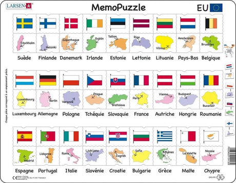 Larsen drapeaux et capitales de l'union européenne – puslespil memo – union européenne – drapeaux et capitales – puslespil éducatif pour enfants – 54 brikker – Fabriqué en norvège – brikker ekstra épaisses de 2,5 mm – plateau med bordfixe