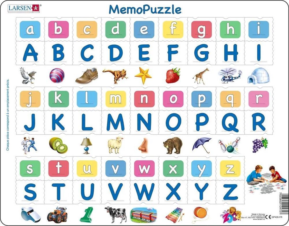 Larsen alfabet majuscules et minuscules – puslespil memo – alfabet – letters majuscules et minuscules – puslespil éducatif pour enfants – 52 brikker – Fabriqué en Norvège – brikker ekstra épaisses de 2,5 mm – plateau med bordfixe