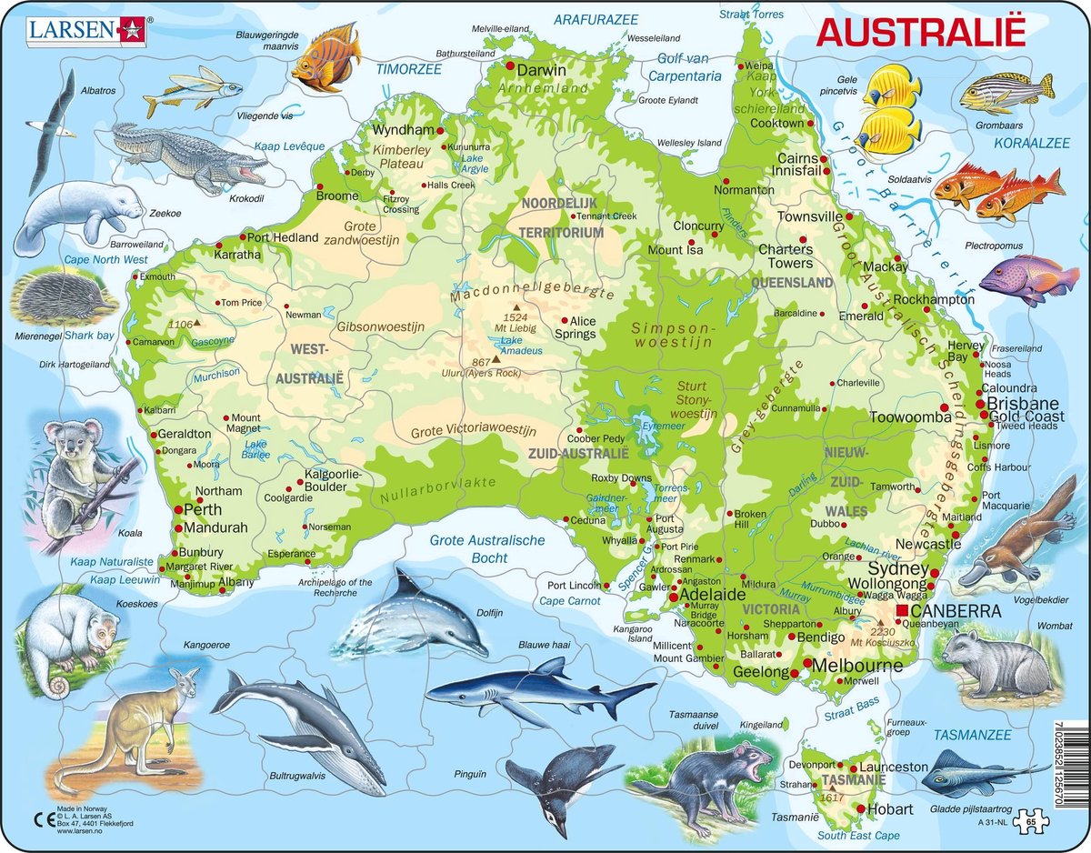 Larsen puslespil kort Australien geografisk med dyr, 65 stk.
