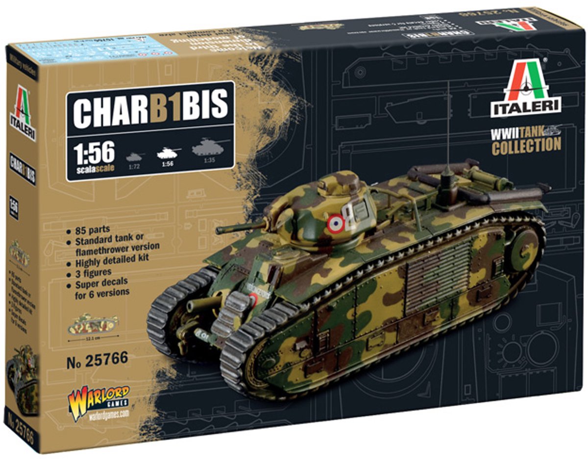Italeri modelsæt fly - 25766 char b1 bis tank WWII plastic - 1:56 - modelfremstilling