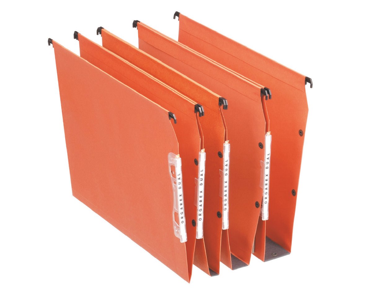 Esselte orgarex dobbelt lateral hængemappe a4 - med koblingssystem og trykknapper - 30mm bund - 25 stk - orange