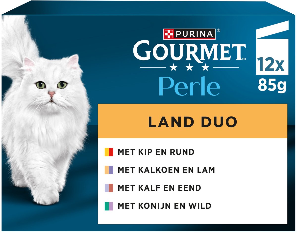 Gourmet perle duo – våd kattefoder – kylling oksekød kalkun lam kalve and kanin vildt – 48 x 85 g