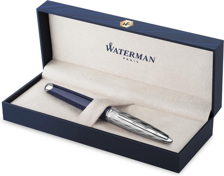 Waterman Carene fyldepen | metal-blå maling med palladium detalje | mejslet kasket | 18 karat guld mellemspids
