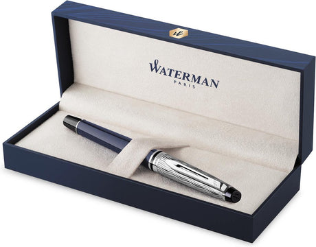 Waterman ekspert fyldepen | metal-blå maling med palladium detalje | mejslet kasket | medium spids i rustfrit stål
