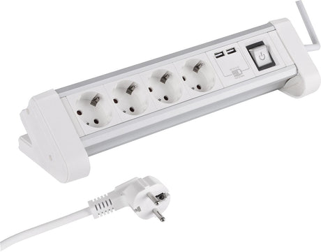 Q-link strømskinne - 4-vejs - jordet - til skrivebord - 2 x USB - 3 x 1,5 mm - 1,5 m - aluminium