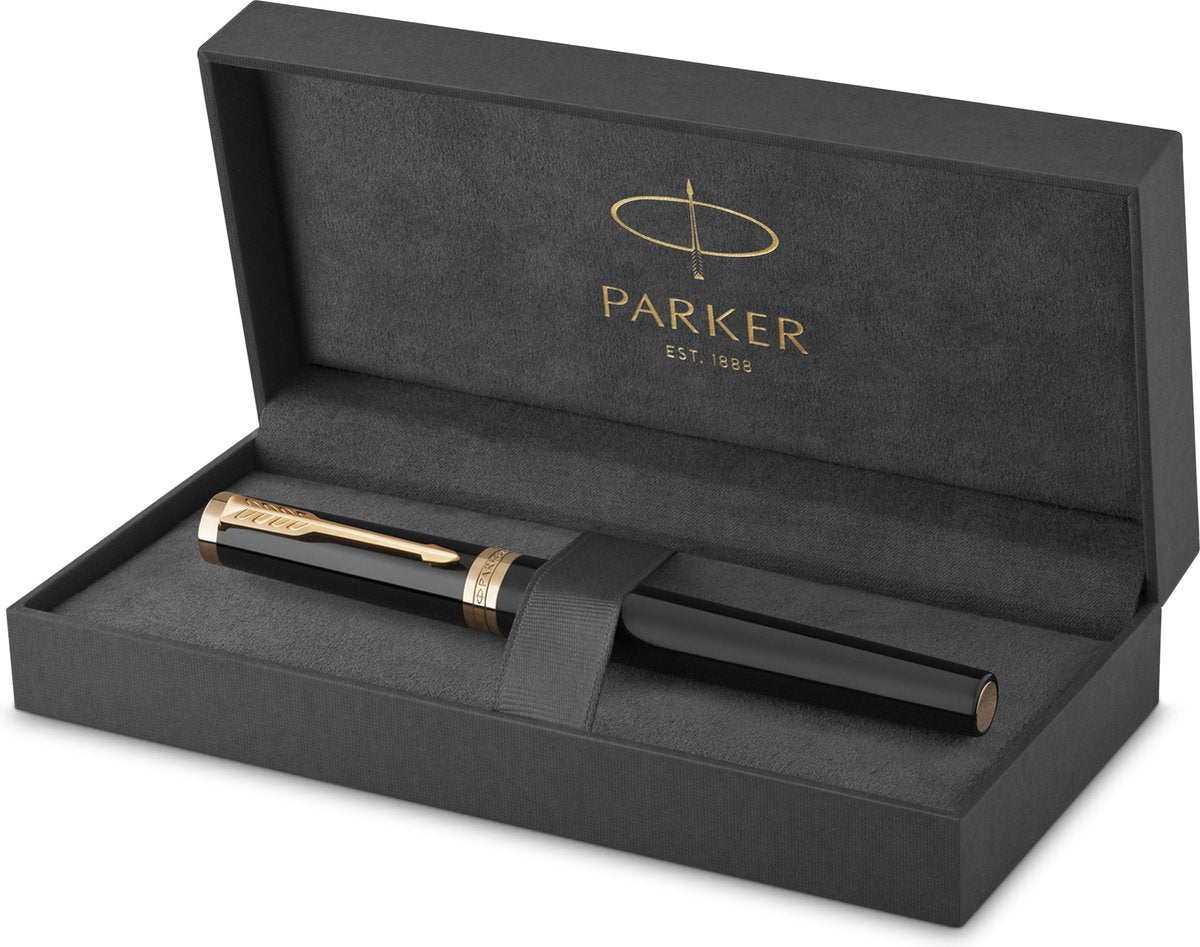 Parker opfindsomhed rullekuglepen | kernesamling | sort med guldfinish | sort blæk | fint punkt | gaveæske