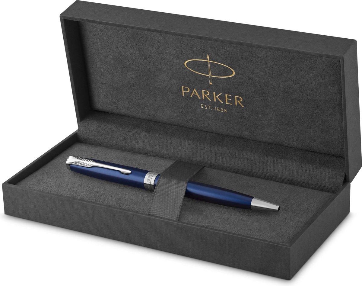 Parker sonnet kuglepen | malet blå med palladiumkant | medium punkt sort blæk | gaveemballage