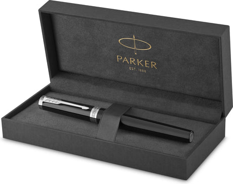 Parker opfindsomhed fyldepen | kernesamling | sort med krom finish | mellempunkt | sort blæk | gaveæske