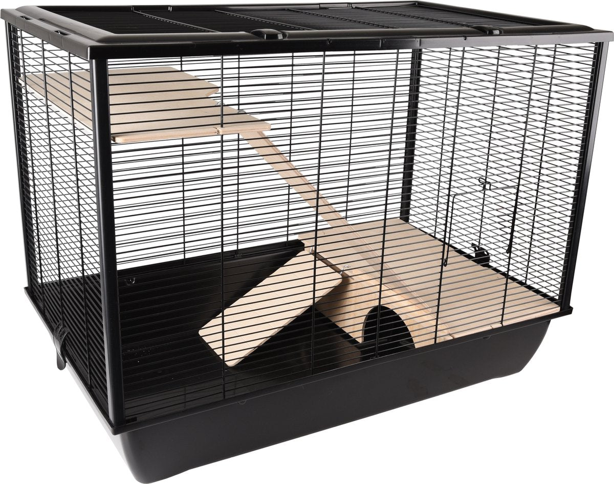 Flamingo hamsterbur - elsa - marsvinebur dværgkaninbur - stort gnaverbur med platforme, gangbroer og læ - metal sort træ naturligt - 77x47x60 cm - Europæisk kvalitet