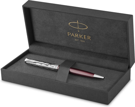 Parker sonnet kuglepen | metal og rød maling | medium spids med sort blæk | gaveæske