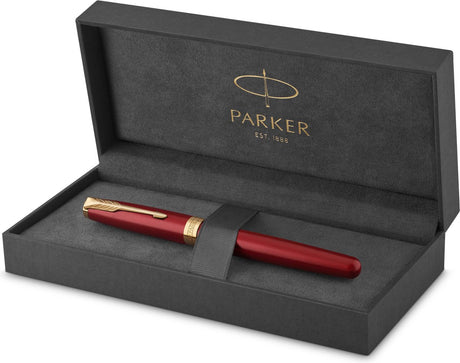 Parker sonnet fyldepen | rødlakeret med guldkant | mellempunkt | gaveemballage