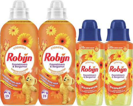 Robijn perfecte match wasverzachter en wasparfum pakket - passiebloem bergamot - 4 stuks - 2 x 39 wasbeurten + 2 x 342ml - voordeelverpakking