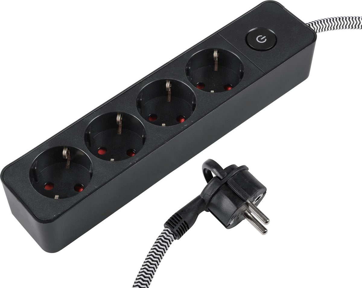 Q-link-stik - 4-vejs - flad - jordet - 3 x 1,5 mmâ² - 1,5 m - tekstil - sort