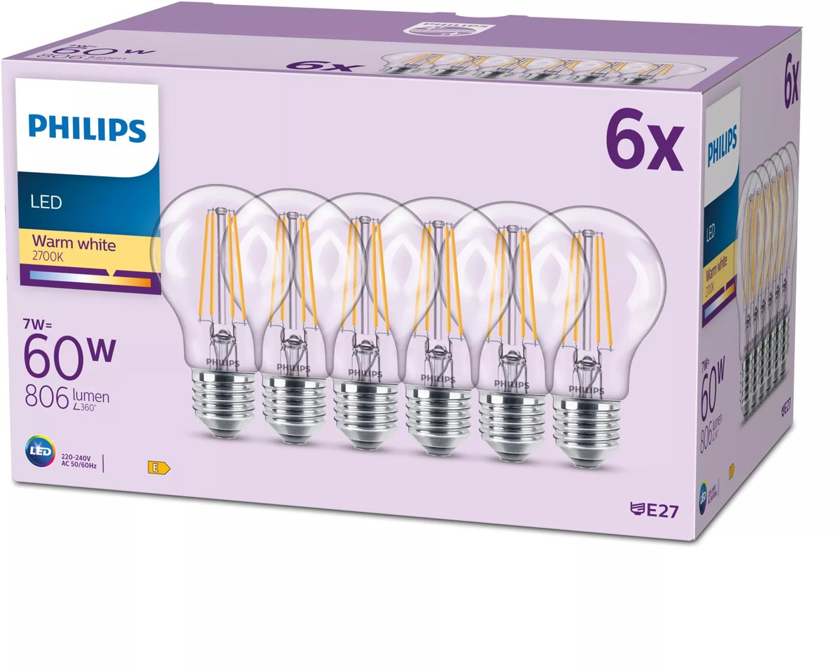 Philips led lamp mat - 60 w - e27 - warmwit licht - 6 stuks