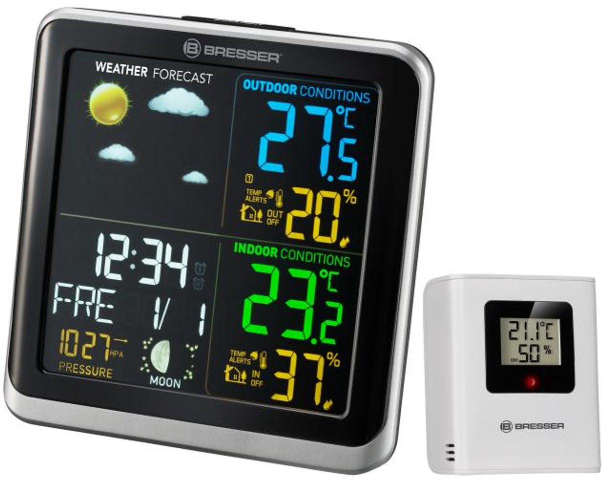 Bresser klimamp TB vejrstation - farvedisplay - udetemperatur inde - fugtighed - vejrudsigt - DCF ur - alarmfunktion - adapter medfølger