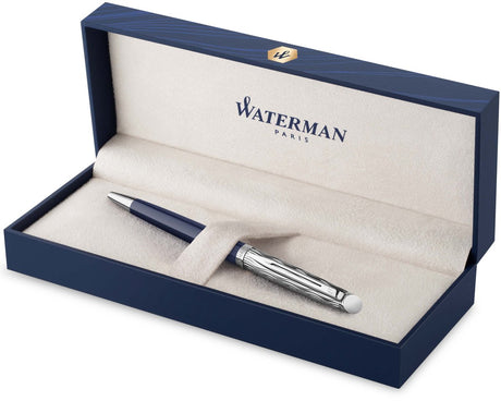 Waterman halvkugle kuglepen | metal-blå maling med palladium detalje | mejslet kasket | med gaveæske