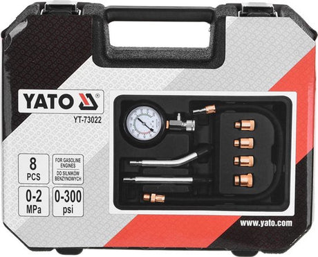 Yato kompressionstester sæt til benzinmotorer - 8 dele - trykmåler 0-300 psi 0-2 mpa - med m10, m12, m14 m18 messing adaptere, trykrør fleksibel slange 50 cm - motordiagnose tester i kuffert