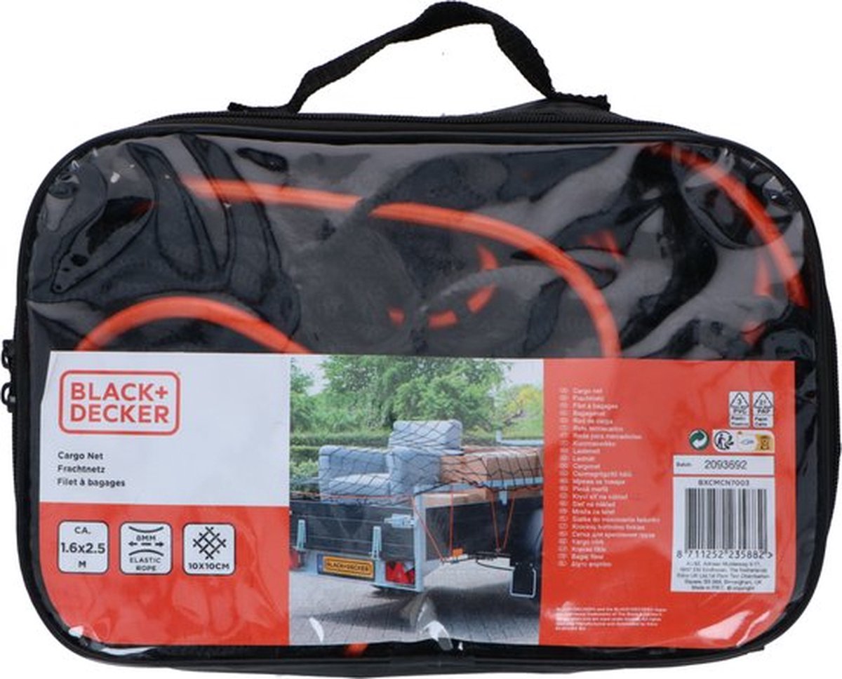 Black+decker aanhangwagennet - 2 x 3 m - rekbaar elastiek - in opbergtas - zwart