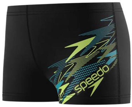 Speedo medley logo aquashort jongens - zwembroek jongens met vormvaste pasvorm - zwemshort jongens met voering - sportzwembroek kids met trekkoord - zwart groen - 164