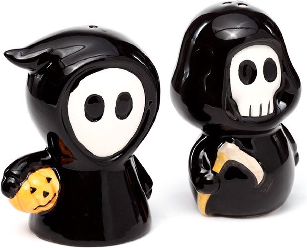 Puckator salt og peber shakers - sæt kranium dreng spøgelsesdreng - halloween - dolomit keramik - 8-8,5x5-6x5-5,5 cm