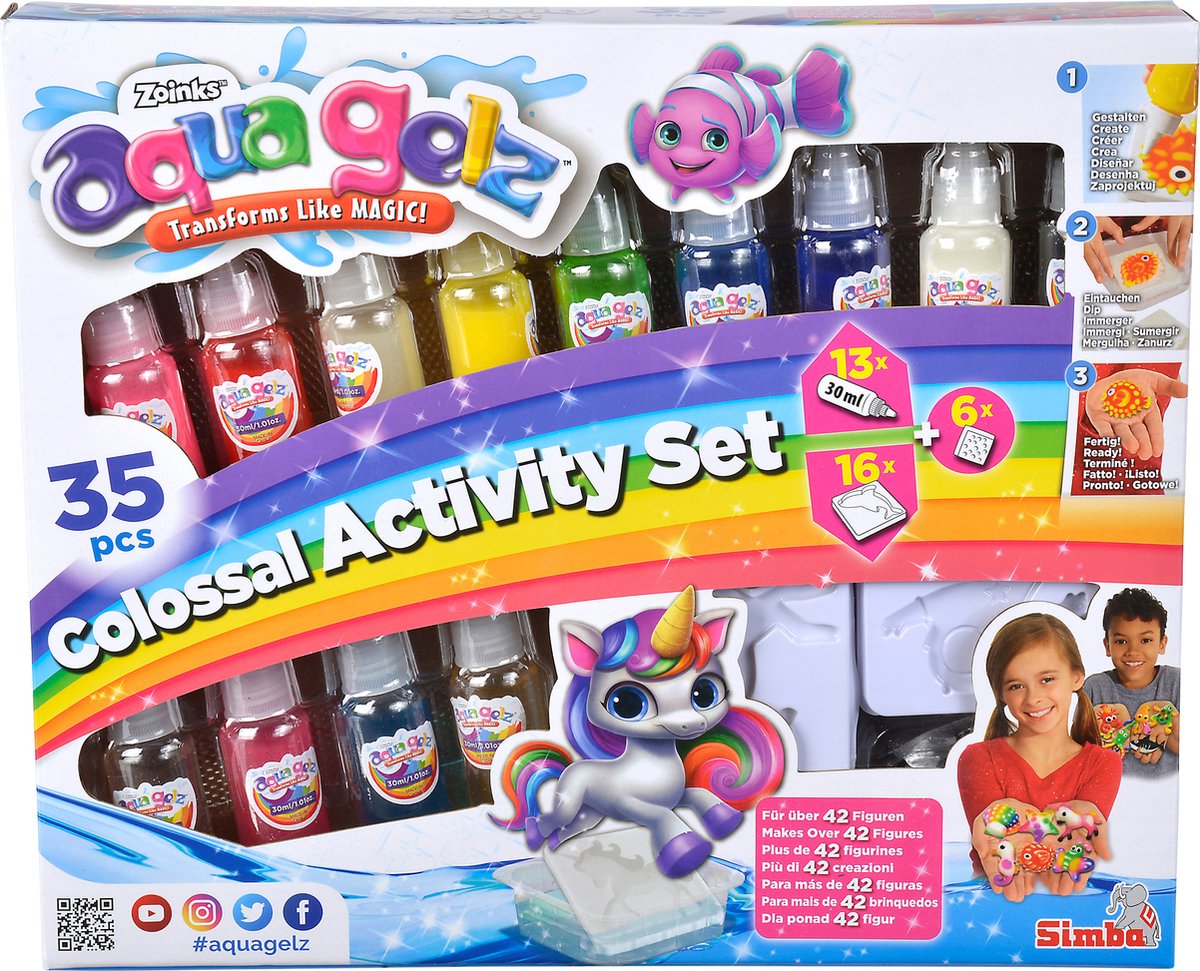 Simba aqua gelz kolossalt sæt, 13 flasker farvegel, 30 ml hver, 16 forme, 6x tilsætningsstof, fra 8 år - hobbypakke
