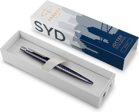 Parker jotter kuglepen | specialudgave | sydneyblå med kromfinish | blåt blæk | gaveemballage