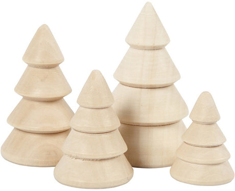 Creativ firma juletræer af træ, h: 3,3+4,3+5,3+6,3 cm, d 2,3+3+3,2+4 cm, 4 stk 1 æske