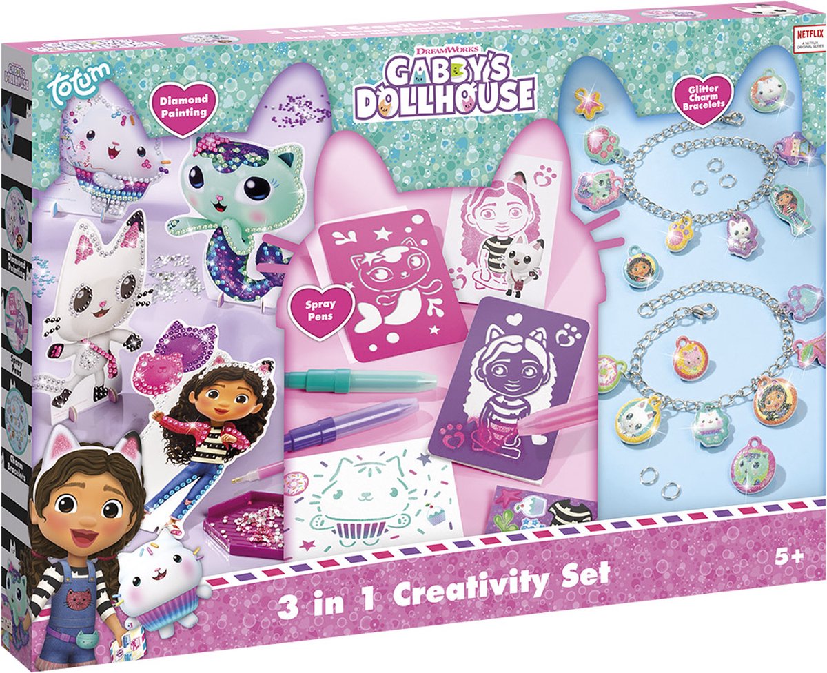 Totum Gabby's Dollhouse Craft Pakke XL 3 i 1 charmearmbånd til fremstilling af legetøj til piger, diamantmaling, spraypenne og skabeloner - Gabby's dukkehusgavetips til at lave kreativt legetøj