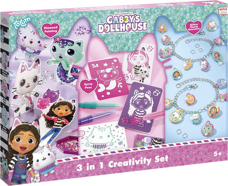 Totum Gabby's Dollhouse Craft Pakke XL 3 i 1 charmearmbånd til fremstilling af legetøj til piger, diamantmaling, spraypenne og skabeloner - Gabby's dukkehusgavetips til at lave kreativt legetøj