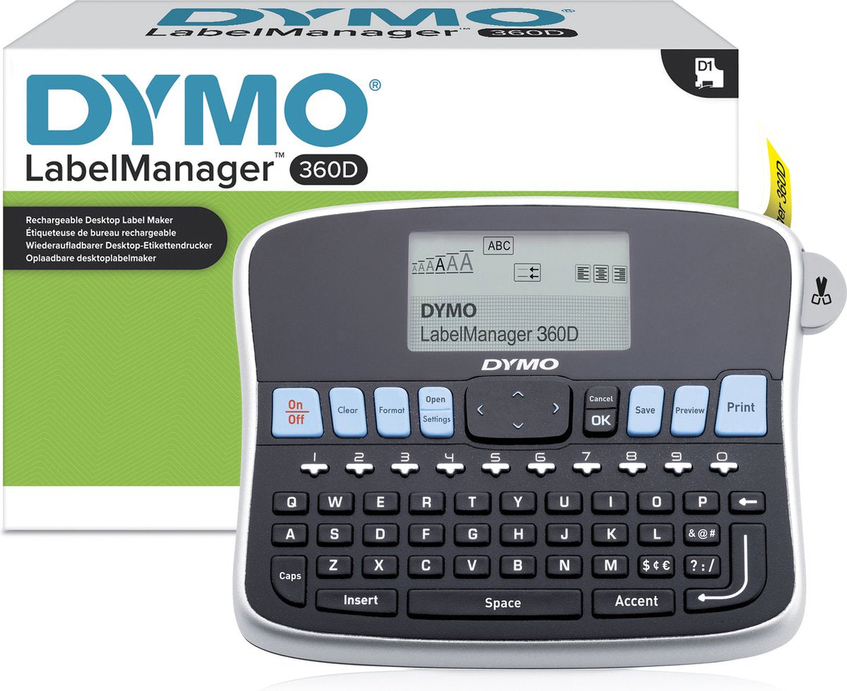 Dymo desktop etiketprinter | label manager 360d genopladelig håndholdt etiketmaskine | qwerty tastatur | brugervenlige, smarte one-touch-taster og stor skærm | til organisering i hjemmet og på kontoret