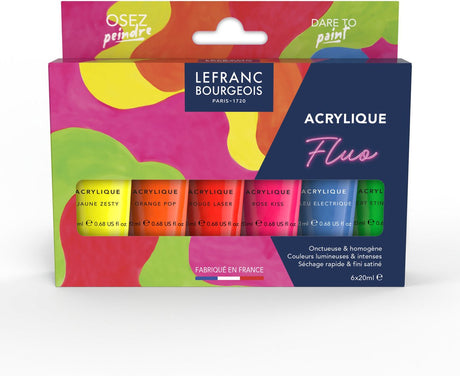 Lefranc bourgeois 302129 fint akrylsæt fluo – 6 x 20 ml – fluorescerende akrylmaling – neonfarvesæt (fluorescerende gul, fluorescerende orange, fluorescerende rød, fluorescerende pink, fluorescerende blå, fluorescerende grøn)