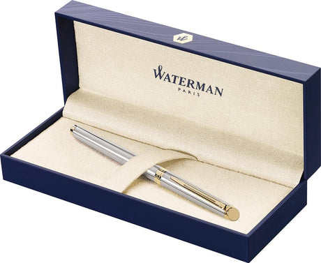 Waterman halvkugle fyldepen | rustfrit stål med 23k guldkant | fin nib | sort blæk | gaveindpakning