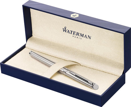 Waterman halvkugle kuglepen | rustfrit stål med kromkant | fint punkt | sort blæk | gaveindpakning