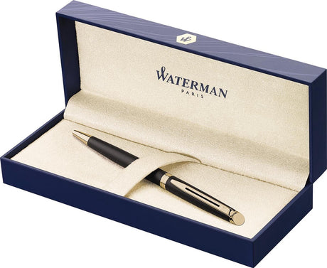 Waterman halvkugle kuglepen | mat sort med 23 karat guldkant | fint punkt | sort blæk | gaveemballage