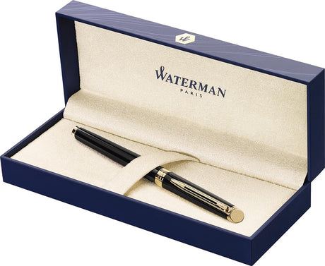 Waterman halvkugle fyldepen | skinnende sort med 23k guldkant | medium nib | blå blæk | gaveindpakning