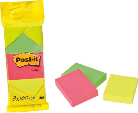 Post-it sedler, fod 38 x 51 mm, 100 ark, blister med 3 blokke i neon gul, pink og grøn - sticky notes