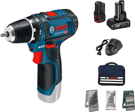 Bosch blå gsr 12v-15 batteridrevet skruetrækker | 12v 2.0ah + 4.0ah batteri | + 39 tilbehør - 0615990g6l