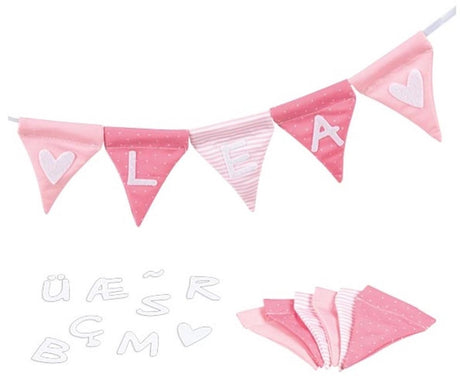 Goki Fabric Flag Line Lav lyserød med 10 flag og alfabetstegn