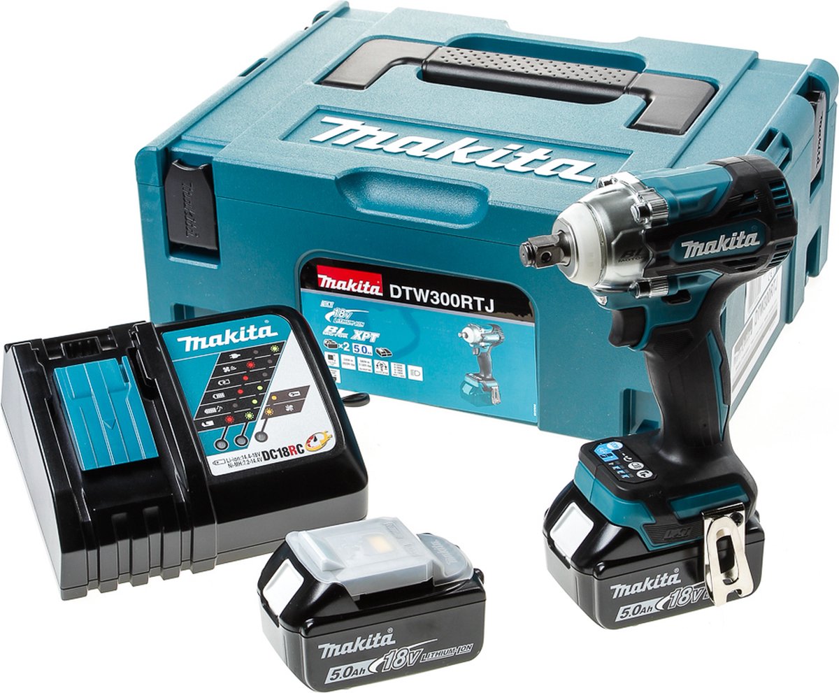 Makita dtw300rtj 18v slagnøgle 5,0 ah batteri (2 stk), hurtigoplader, mbox