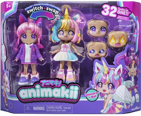 Bandai - enhjørning og flagermus animakii - tilpasseligt dukkesæt - 1 dukke, 4 ansigter, 2 frisurer, 2 outfits, 2 par sko - kreativt legetøj 5 år + - hea26348