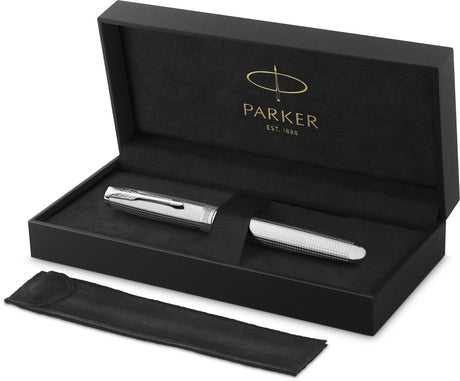 Parker sonnet ciselé special edition fyldepen, kasket, tønde og detalje med palladiumfinish, medium, 18 karat solid guldspids, sort blæk og konverter