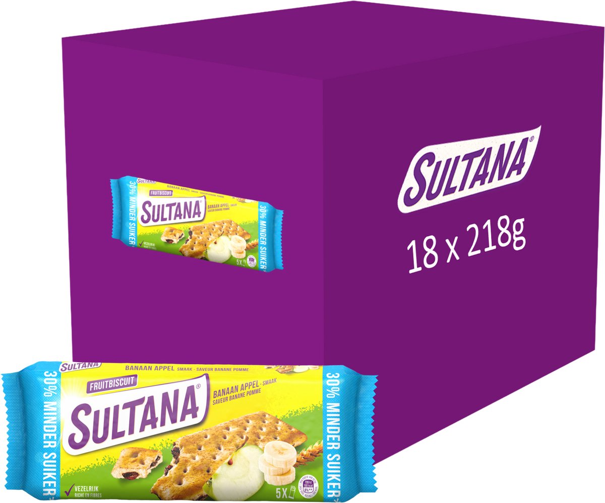 Sultana - snack - banan æble frugtkiks - 30% mindre sukker - 18 x 218 gram