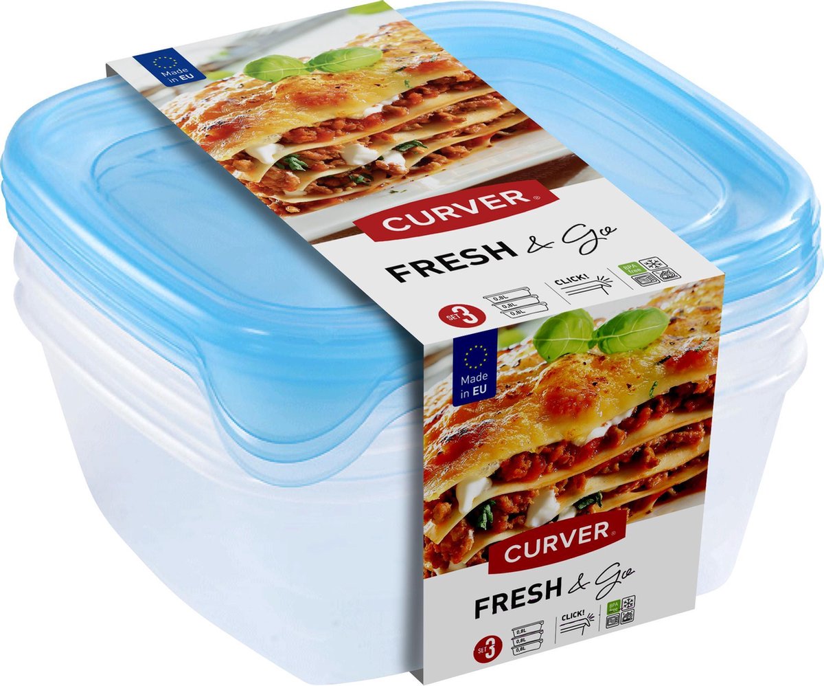 Curver fresh go madbeholdere med låg - 3x0,8 liter - 3 stk - gennemsigtig blå