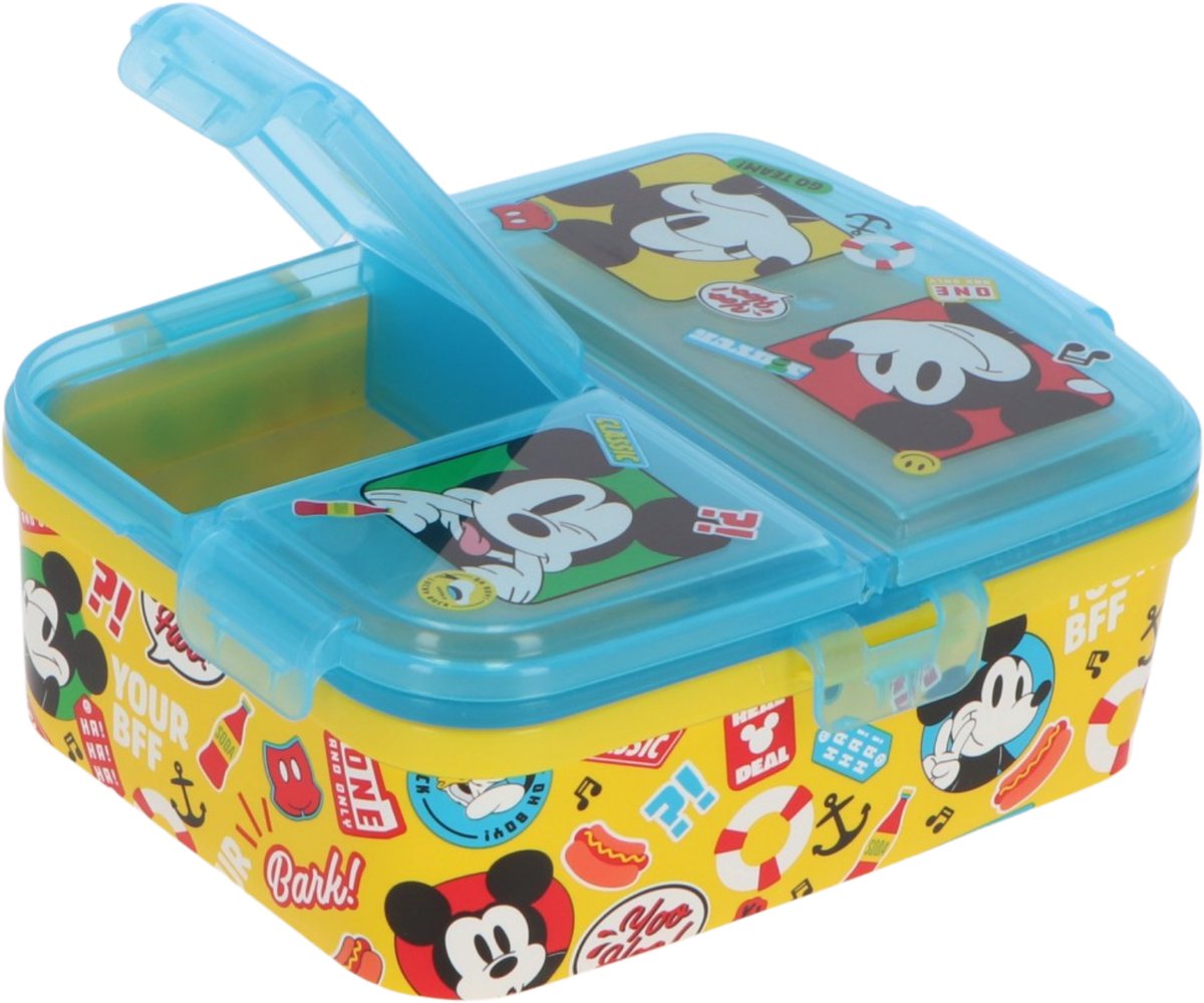 Stor Disneys Mickey Mouse børnemadkasse - madpakke med 4 rum til børn fra 4 år - tåler opvaskemaskine BPA-fri - gul lyseblå