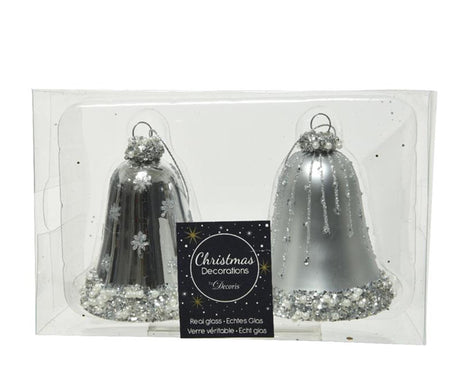 Decoris glas julepynt i form af dekorerede klokker, diameter 6,5 cm x 8 cm sølv