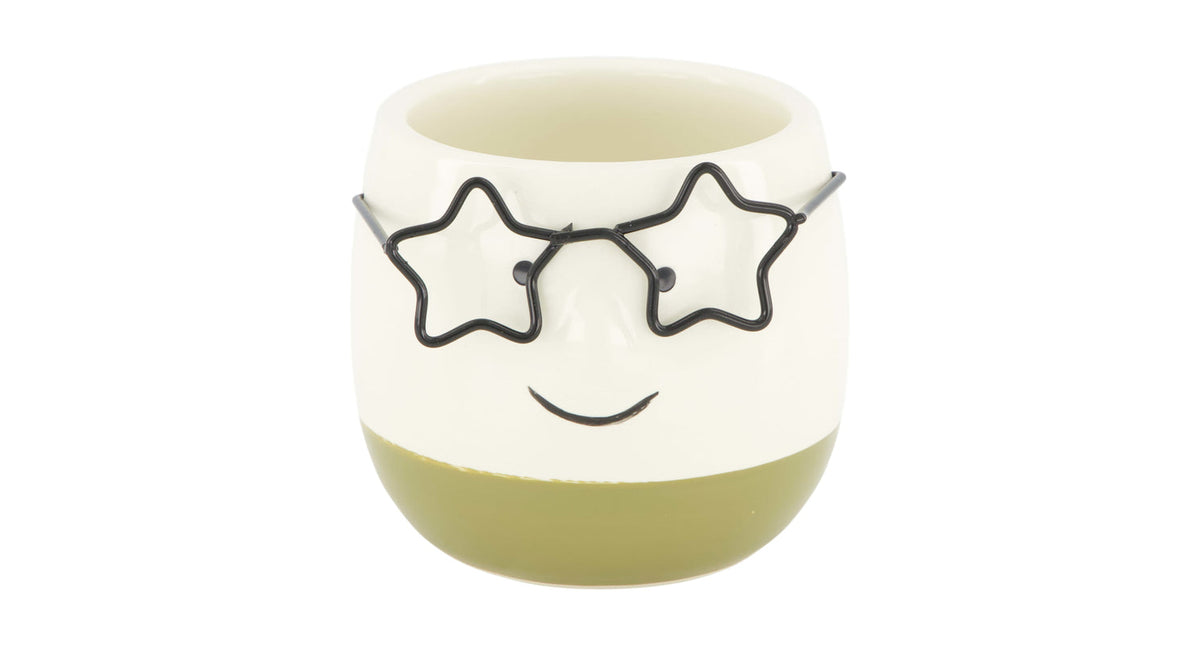 Planter face with glasses ceramic 7.5x7.5x6.5cm green