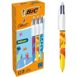 Bic 4 farve velour udtrækkelig kuglepen - forskellige jungle dekorationer - æske med 12 stykker - medium spids 1 mm