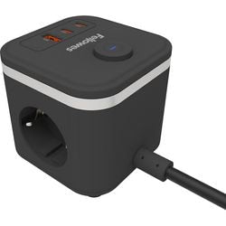 Fellowes power cube stikdåse - type f - 3 stikkontakter + USB-C USB-A - 2m kabel - med afbryder - cube forlængerledning