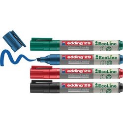 Edding 29 ecoline tavlemarkør - 4 styk - sort blå rød grøn - mejselspids 1-5 mm - velegnet til whiteboard og flipover