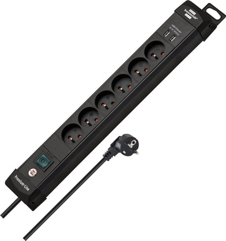 Brennerstuhl premium-line strømskinne 6-vejs (fordelingsboks benjord med 3m kabel og afbryder, med hængende enhed, 2-vejs USB 3.1 a, monteres, fremstillet i Tyskland)